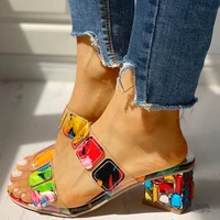summer slippers women colorful crystal square heels slippers laides shoes big size 35 41chaussures femme casual slides
