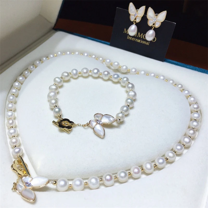 

HABITOO Luxury Natural 8-9mm White Freshwater Pearl Necklace+bracelet+earrings Set Bow ACC Jewelry 14k Filled Gold Rose Clasp