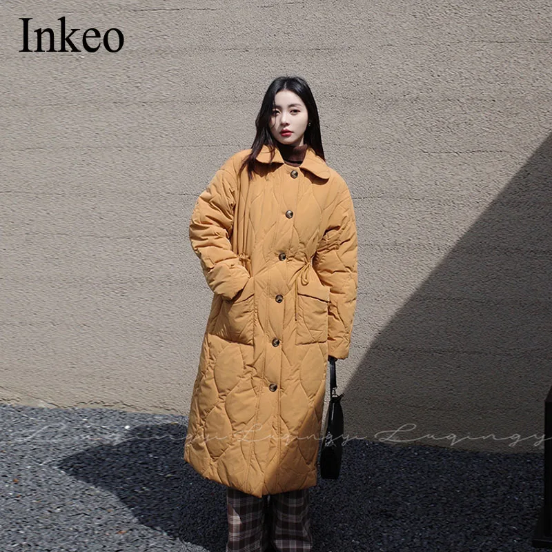 

Милая Женская пуховая куртка с воротником «Питер Пэн», сезон зима-осень 2021, однобортное женское длинное пальто с карманами, парка оверсайз ...