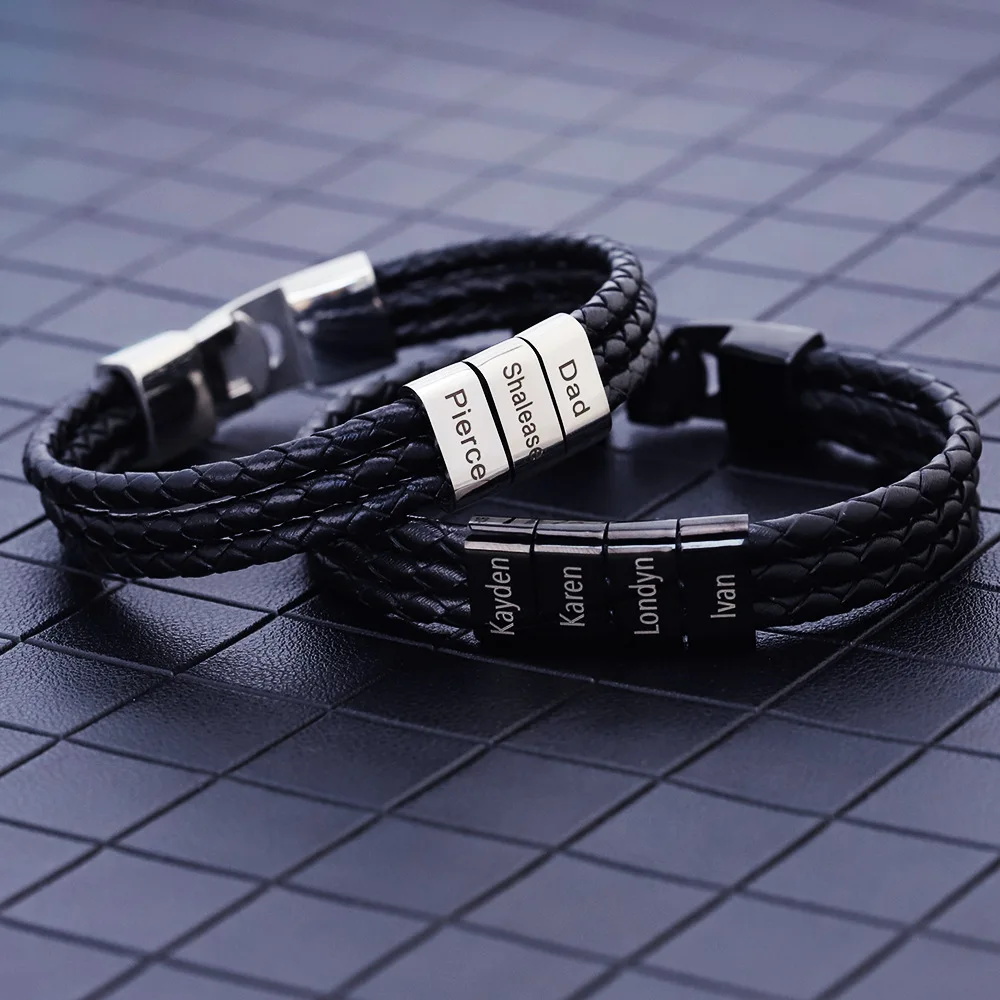 Personalized Bracelets Engraved Names 2 Color Beads Three Braided Leather Male Bangles Stainless Steel Jewerly Gift for Men