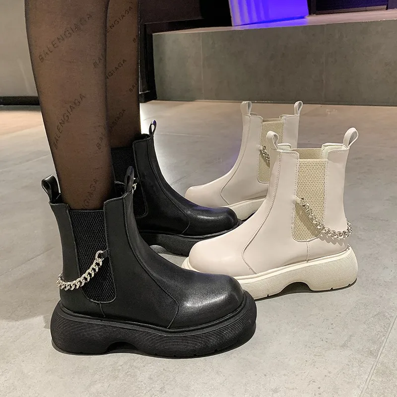 

Boots Women 2022 New Autumn Thick Soled Chelsea Combat Ytmtloy Round Toe Slip On Square Heel Shallow Botines De Mujer Rubber