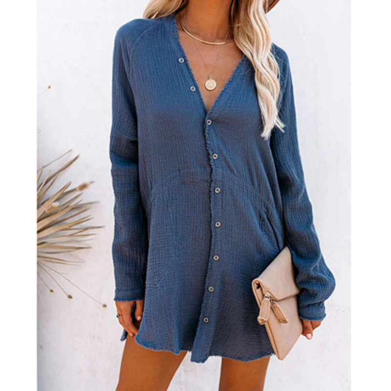 

Kayotuas Women Dress Loose V-Neck Spring Autumn Solid Color Single Breasted Button Brown Blue Casual Vintage Ladies Streetwear