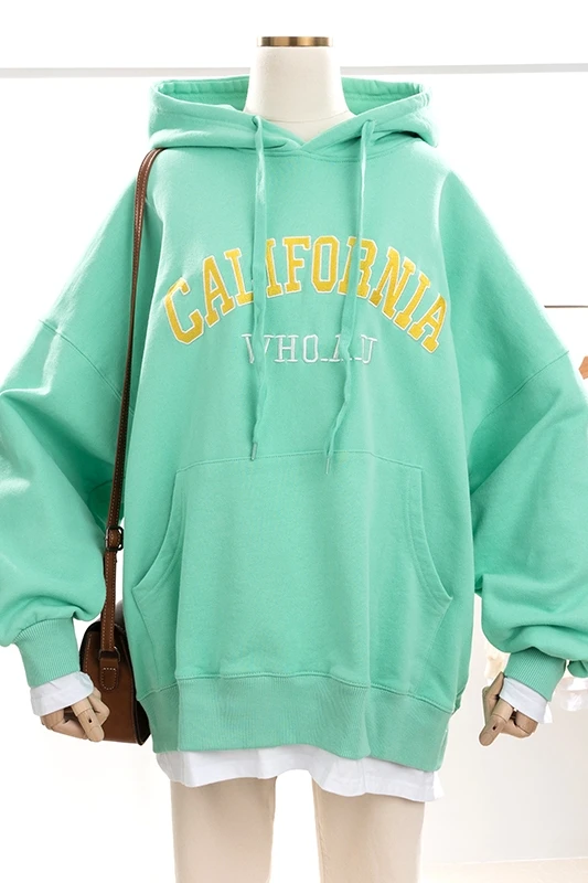 

Korean Style New Loose Plus Size Seiko Embroidery Letter White Edge Stitching Fake Two-Piece Hooded Terry Sweatshirt for Women