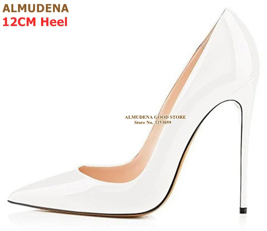12cm heel white ALMUDENA/фиолетовые туфли-лодочки из лакированной кожи с острым носком свадебные туфли без застежки с закрытым носком 12 см вечерние туфли на высоком каблуке 10 см, 8 см туфли-лодочки, размер 45 - Цвет: 12cm heel white