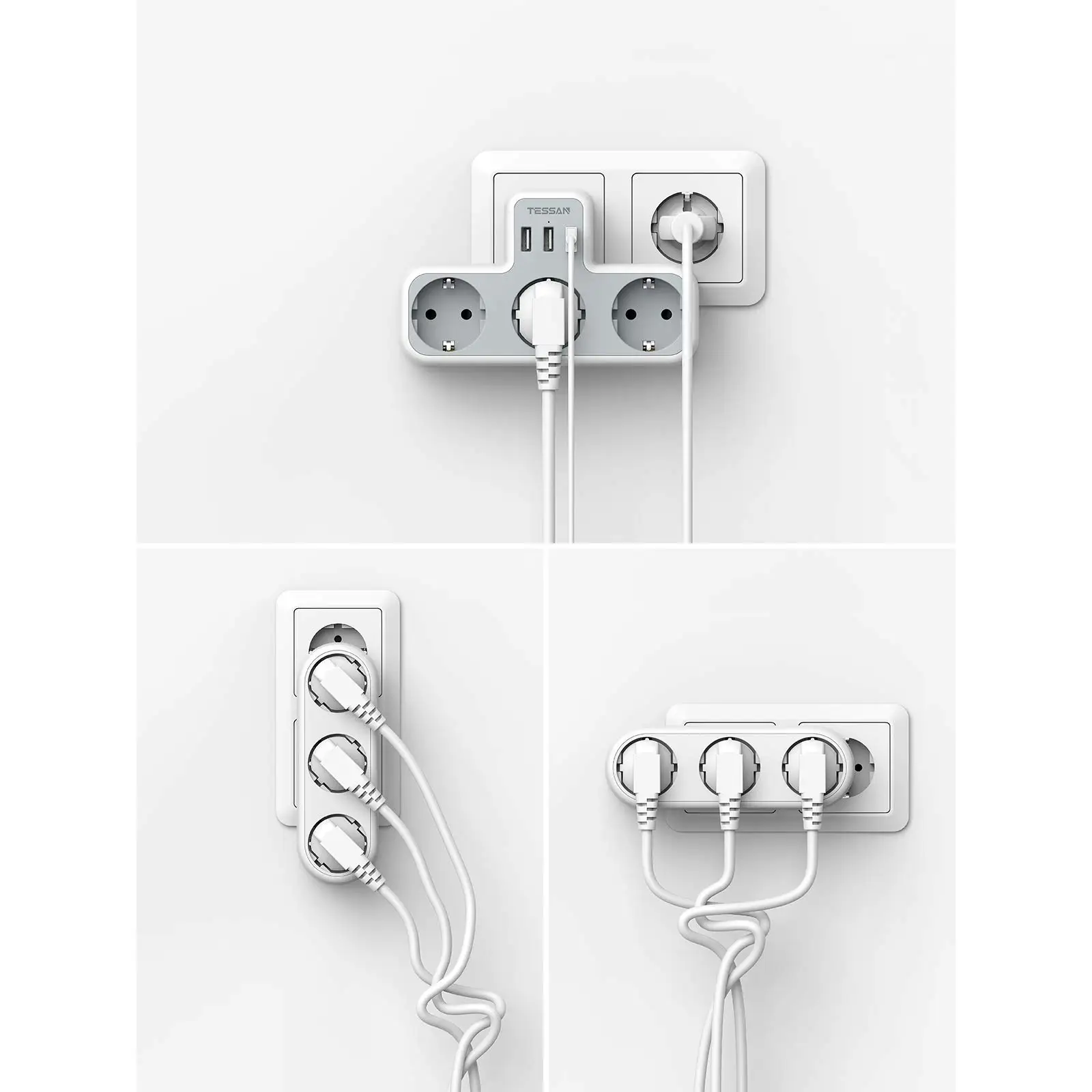 TESSAN USB Plug Power Strip Three Thief Plugs &amp 3 Ports (2.4A) EU Multiple Adapter Compatible with Phone Tablet Mp3 | Электроника