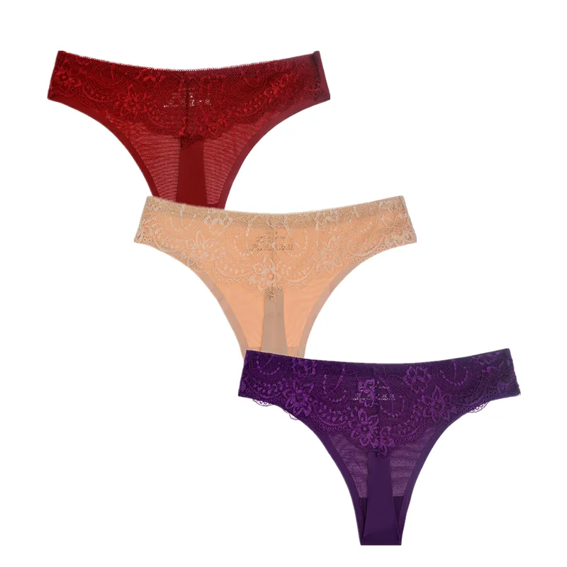 

3Pcs/Lot Sexy Women G-string Thongs Lace Floral Sheer Low Waist Underwear Soft Lingerie Ice Silk Briefs Seamless Panties Soft