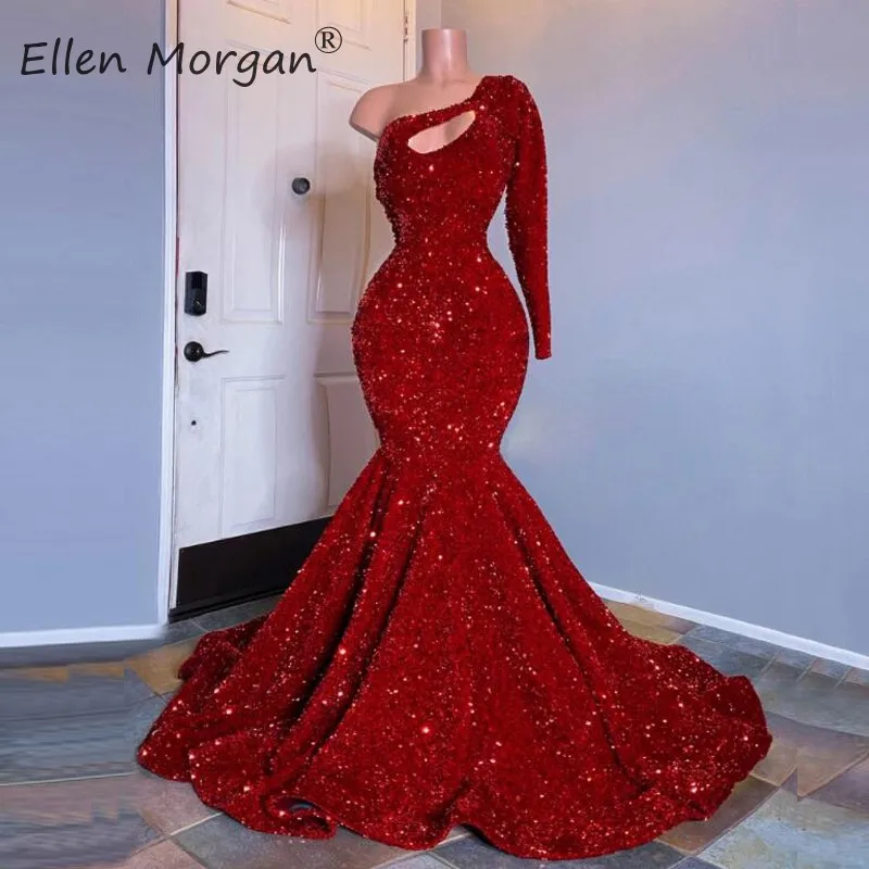 Красные Выпускные платья русалки с блестками 2020 для чернокожих девочек на одно