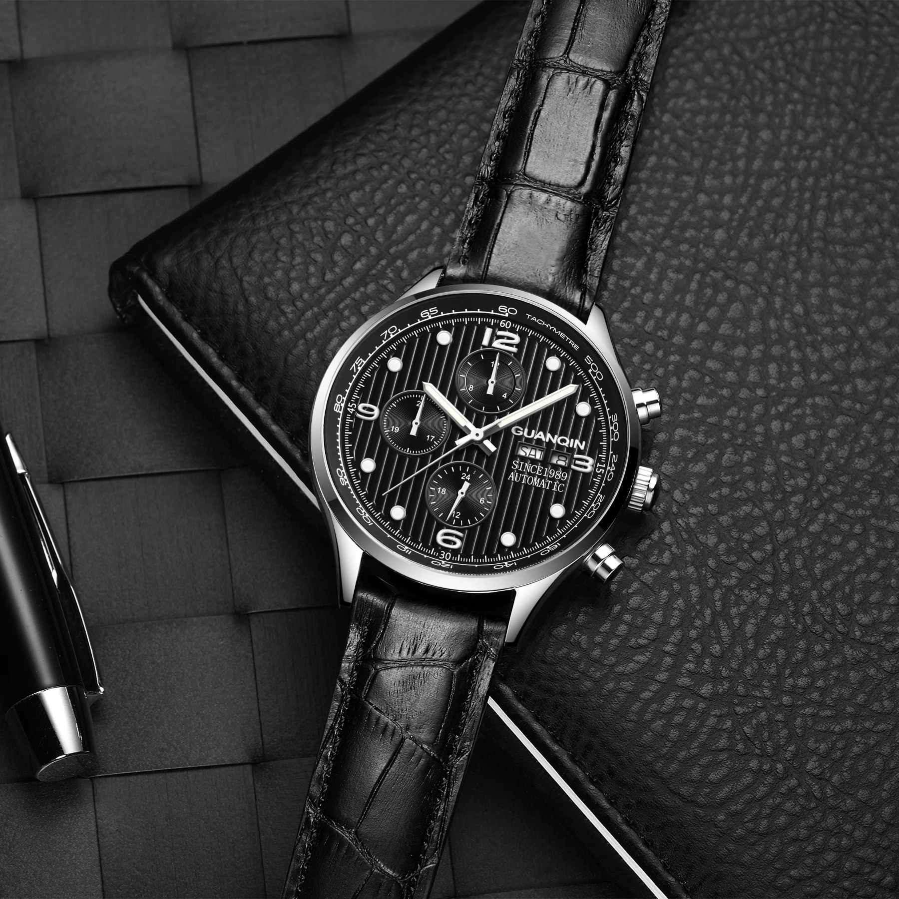 

GUANQIN Automatic Mechanical Watch Mens Top Brand Luxury Waterproof Relogio Masculino Date Week Leather Clock Erkek Kol Saati