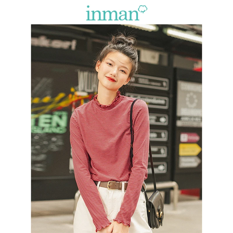 INMAN осенне зимняя эластичная хлопковая Футболка с двойным кружевным воротником