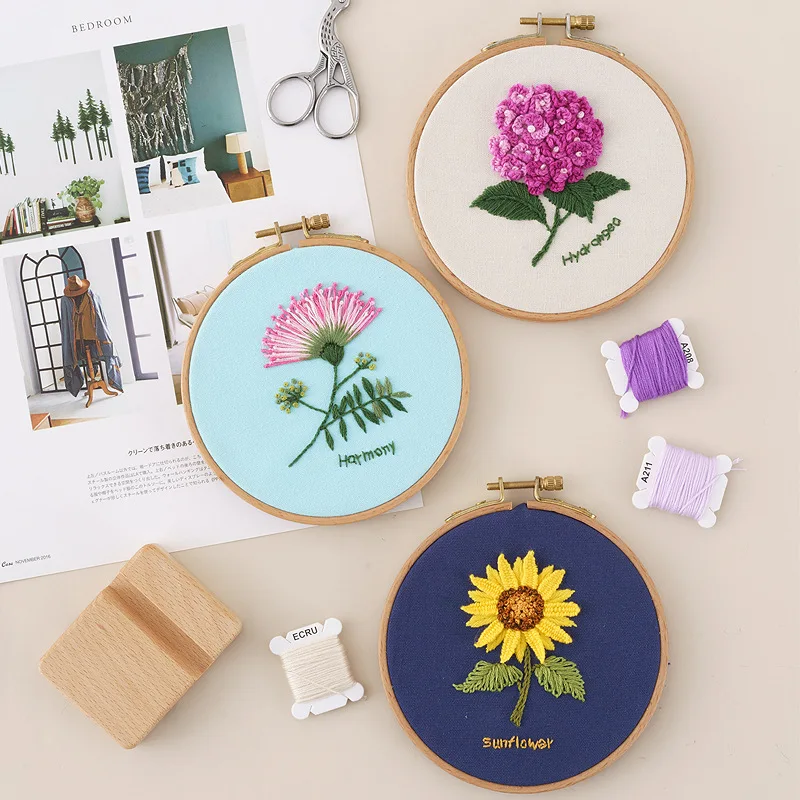 

Beginner DIY Flowers Plants Pattern Embroidery Set Needlework Tools Printed Embroidery Round Cross Stitch Kit Sewing Craft Kit