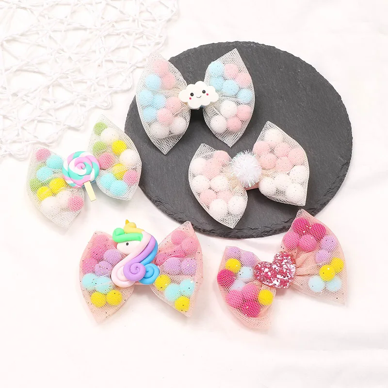 

New Kids Cute Lollipop Bow Headdress Rainbow Cloud Hair Clip For Girls Sweet Net Yarn Side Clip Hairpin Cartoon Hair Accessories