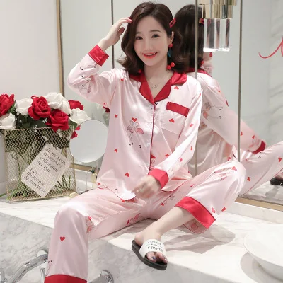pyjamas women Большой размер 5XL женский атласный Шелковый пижамный комплект с длинным рукавом Цветочный комплект из двух предметов сексуальная пижама Пижамный костюм Женская одежда для сна - Цвет: pyjamas women