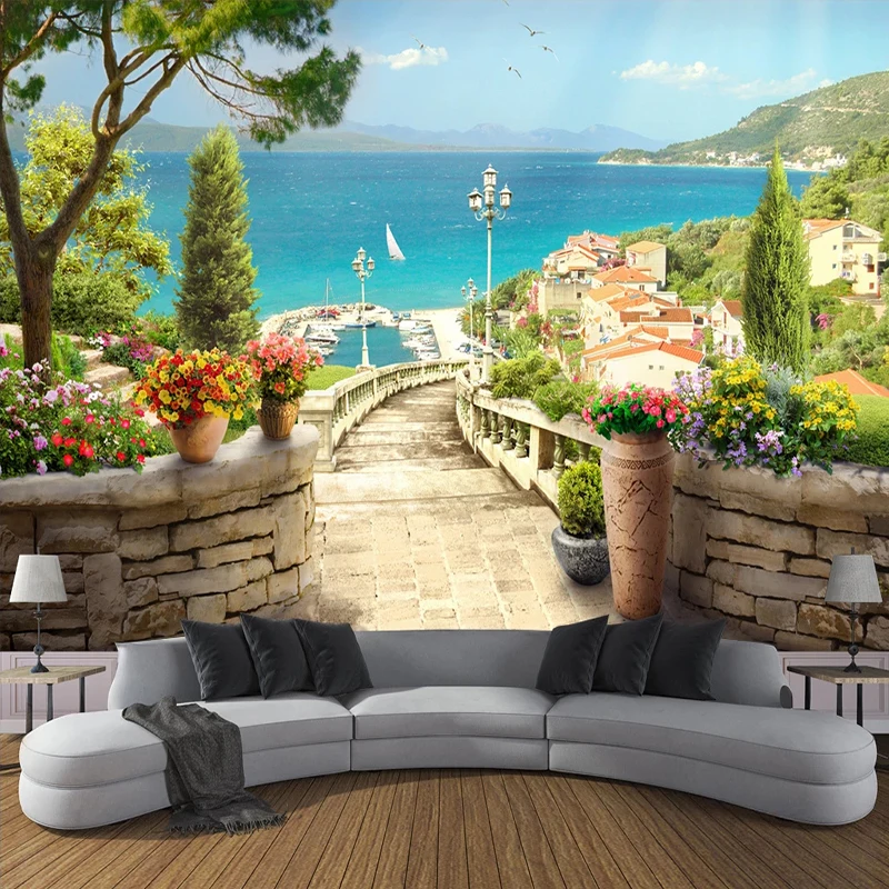 Пользовательские фото 3D балкон сад морской пейзаж Большая фреска гостиная