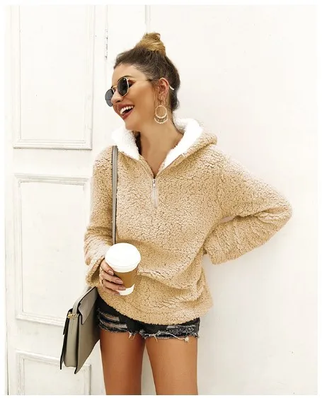 

Autumn and winter hot style women's tops fashion high neck long sleeves zipper hooded sweater plush sweaterFashion plush sweater