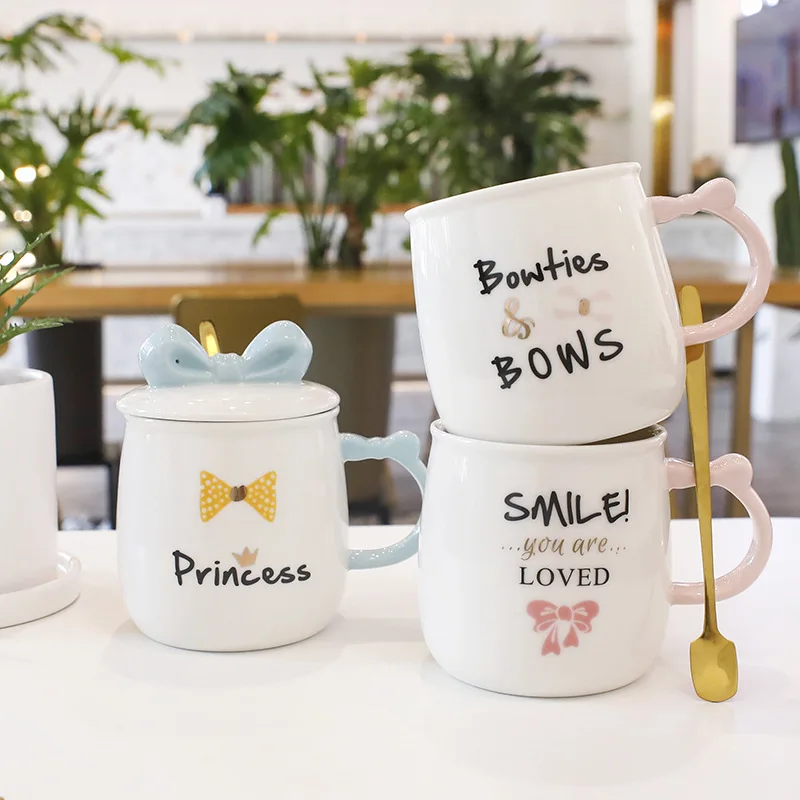 Розовая и синяя кружка с бантом милая керамическая принцессы кофейная крышкой
