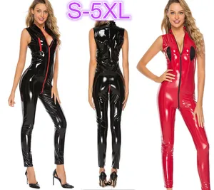 Размера плюс, женский сексуальный латексный комбинезон из ПВХ без рукавов, кожаный боди на молнии, с открытой чашкой, сексуальные костюмы, клубная одежда