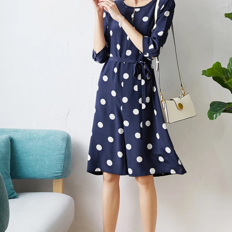 

Classical New wave silk point printed pure silk dress to show thin belt female mulberry silk dress