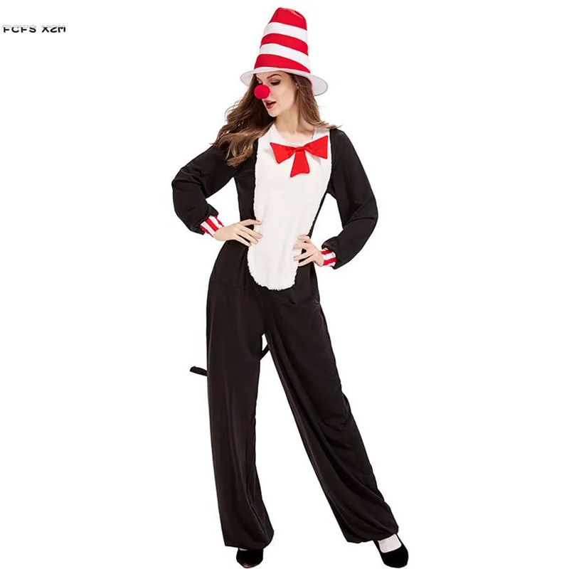 

Unisex Adult Women Halloween Circus Clown Magician Costumes Men Black Cat Jumpsuits Cosplay Carnival Purim Role play party dress