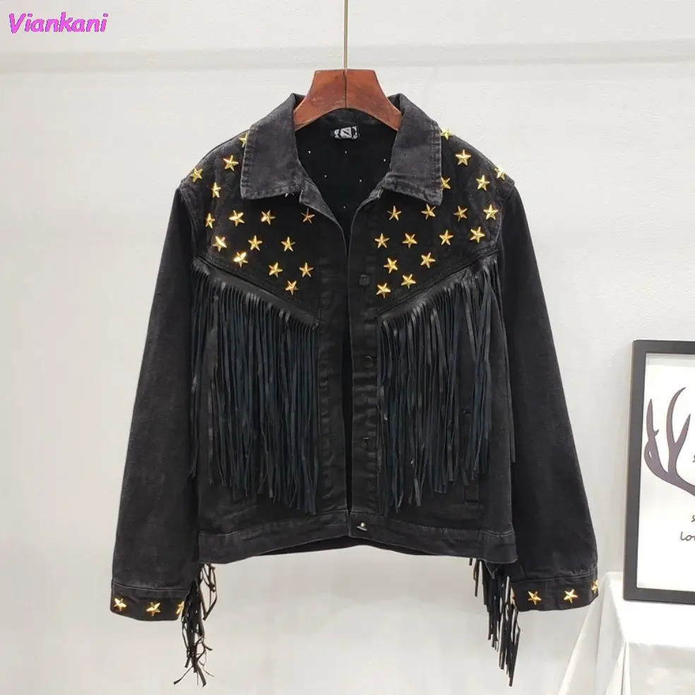 

Модная Джинсовая женская куртка, осень-весна 2021, винтажное замшевое Свободное пальто со звездами и заклепками, верхняя одежда с бахромой и д...