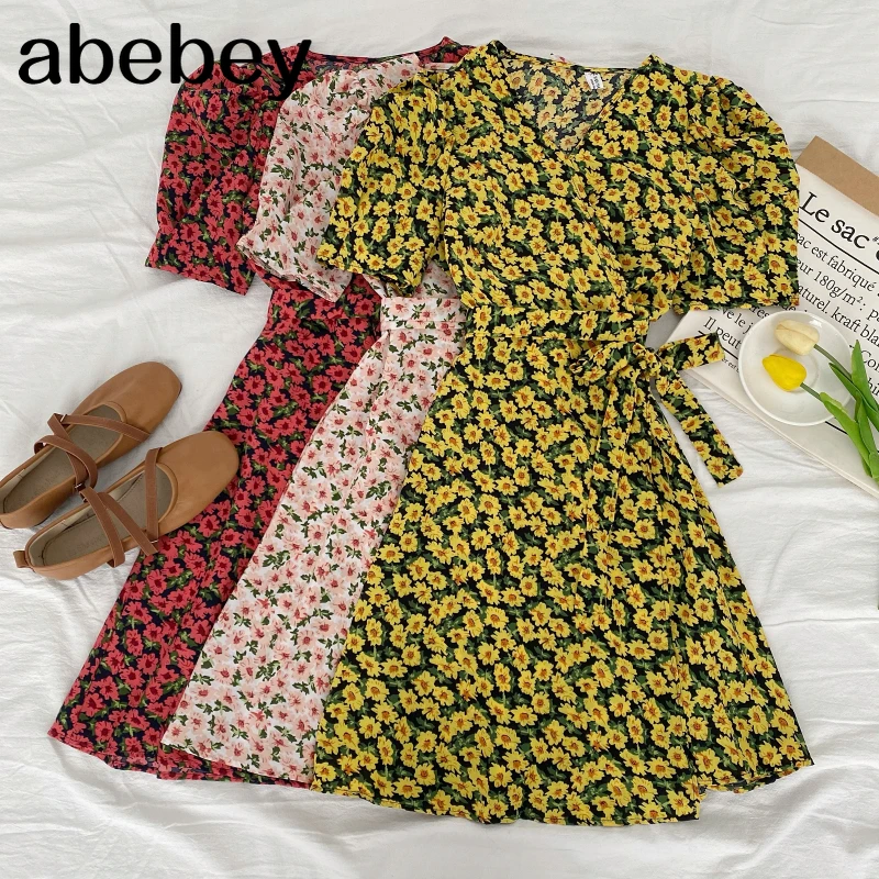 

Женское летнее платье-трапеция, милое универсальное платье с цветочным принтом, V-образным вырезом и пышными рукавами, с ремешком на талии, ...