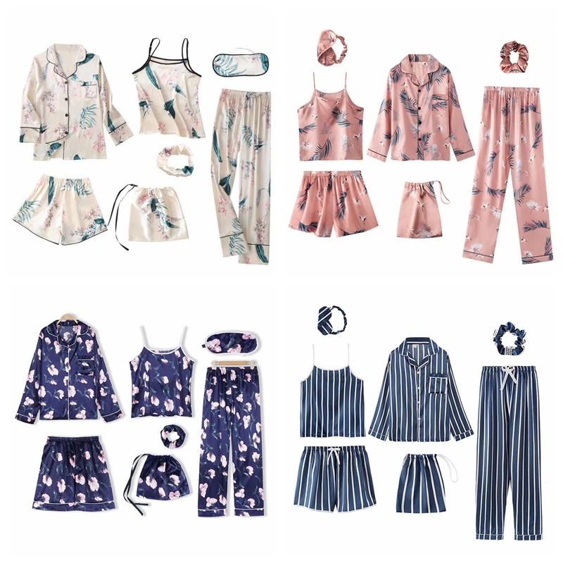 

7 Pieces Women's Pajamas Sets Faux Silk Striped Pyjama Women's Pajamas Sleepwear Sets Spring Summer Homewear