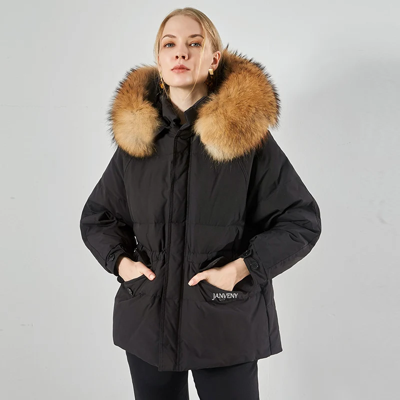 2021 Winter New 90% White Duck Down Jacket Women Hooded Huge Real Fur Collar Thickened Waist To Keep Warm Short Puffer Coat