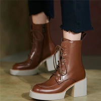 high top creepers women lace up genuine leather chunky high heel ankle boots female winter round toe platform pumps casual shoes