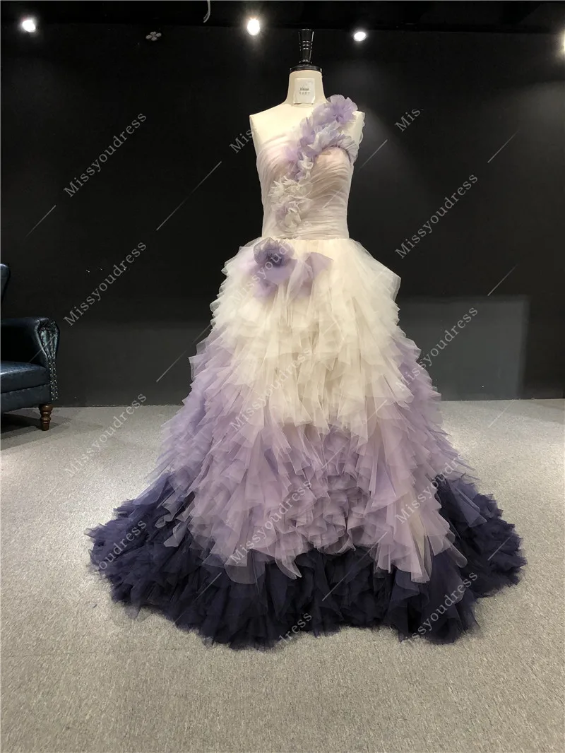 2021 Vestidos De Noite Real Sample Gradient Purple One Shoulder Sleeveless A-line Floor-Length Formal Prom Party Evening Dresses