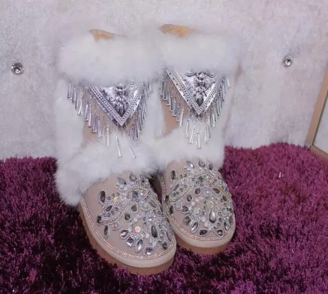 Handmade Silver Folk Bells Embellished  Snow Boots Woman Real Fur Suede Leather Eskimo Super warm Bling Rhinestones Winter Boots