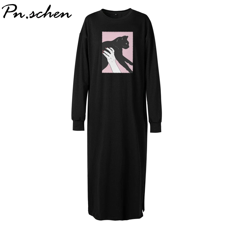 

plus size dresses for women 4xl 5xl 6xl 7xl Long Sleeve maxi black spring autumn harajuku loose cusual split cat t shirt dress