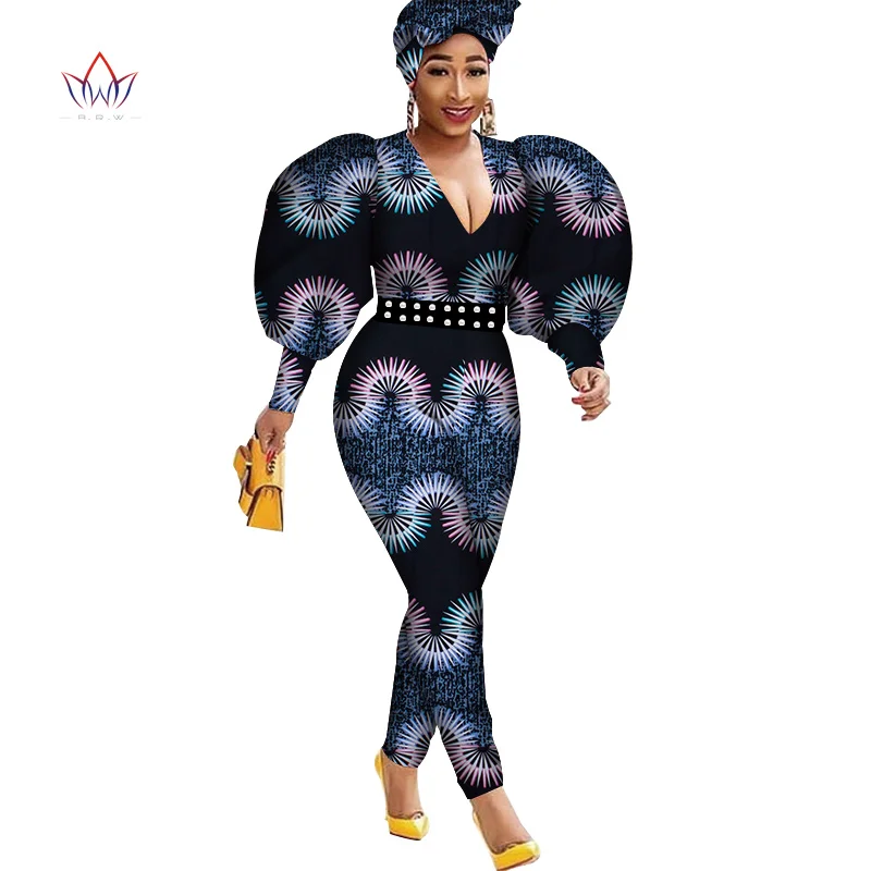 Женский комбинезон с длинными рукавами и буфами в африканском стиле принтом