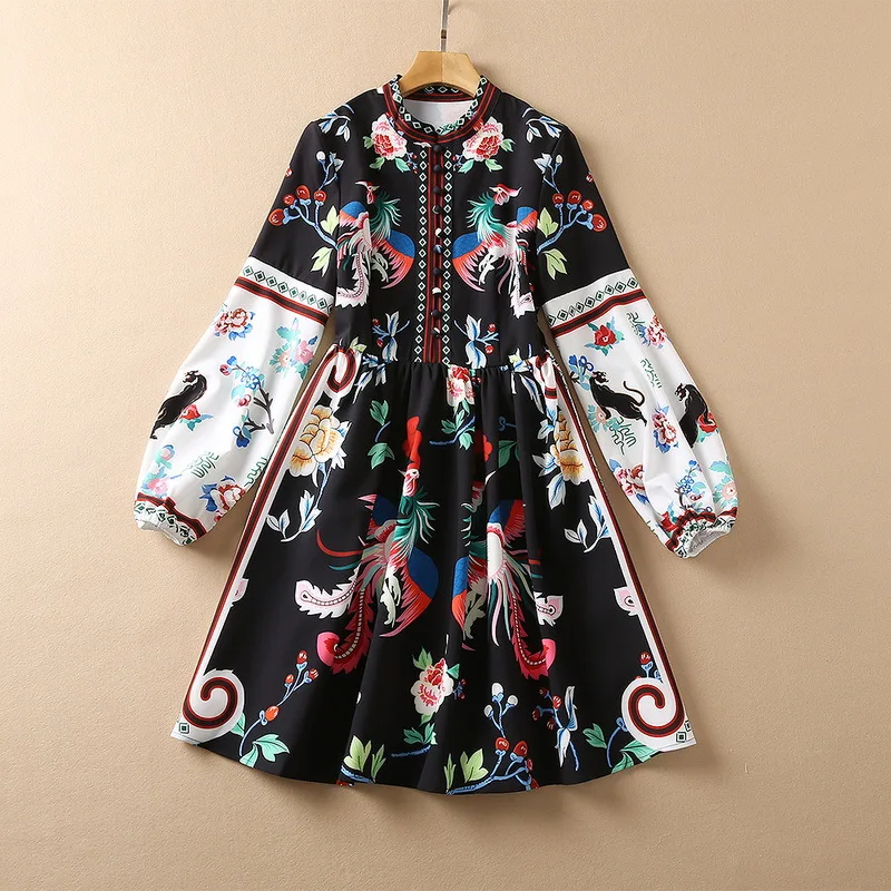European and American women's clothing winter 2022 new  Long sleeve lantern sleeve buttons  Fashion floral and bird print dress