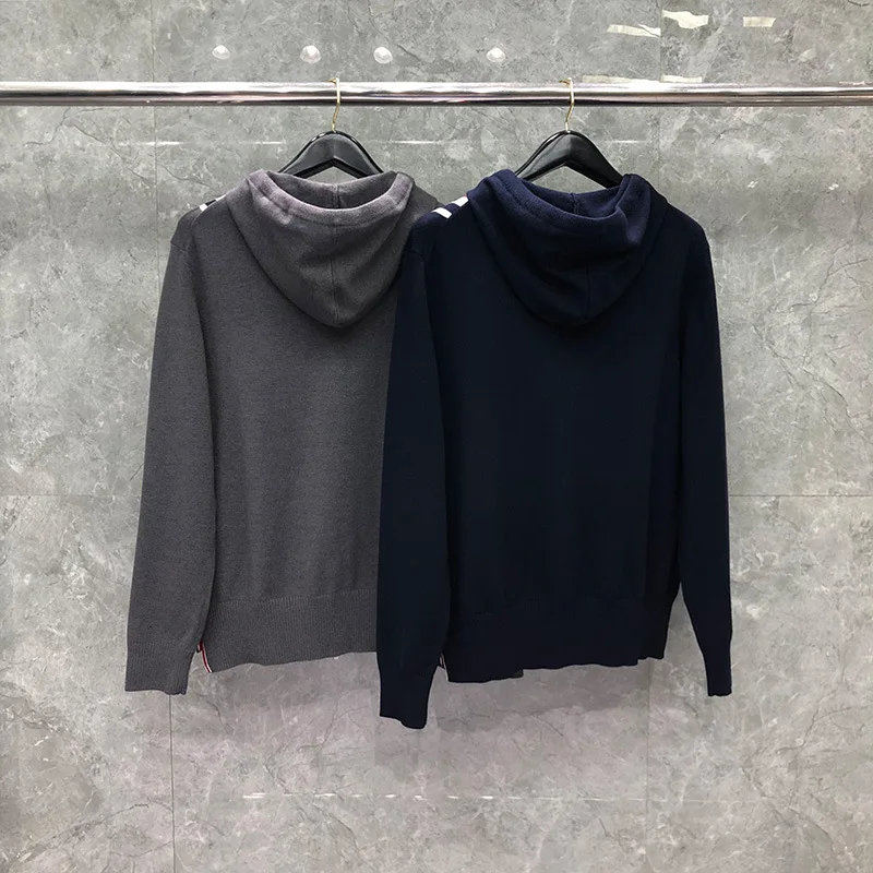 

Fashion TB 2021 THOM Brand Sweaters Men Slim Fit Hooded Cardigan Clothing Patchwork Solid Zipper Wool Spring Autumn Casual Coat