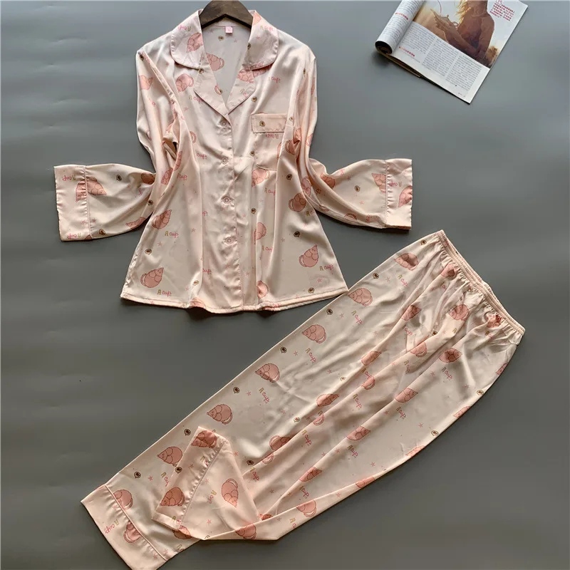 Женский пижамный комплект из шелка со льдом с длинными рукавами и брюками Пижама