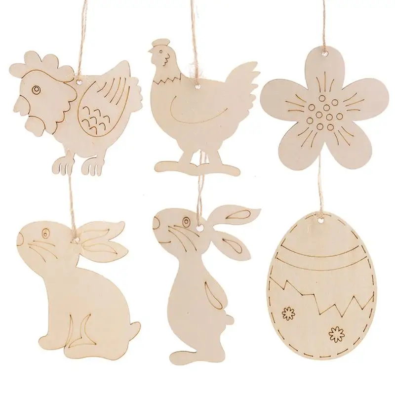 30pcs Assorted Shape Easter Pendants Delicate Wooden DIY Hanging Chips Hand Painting Hubs for Home School with Ropes | Дом и сад