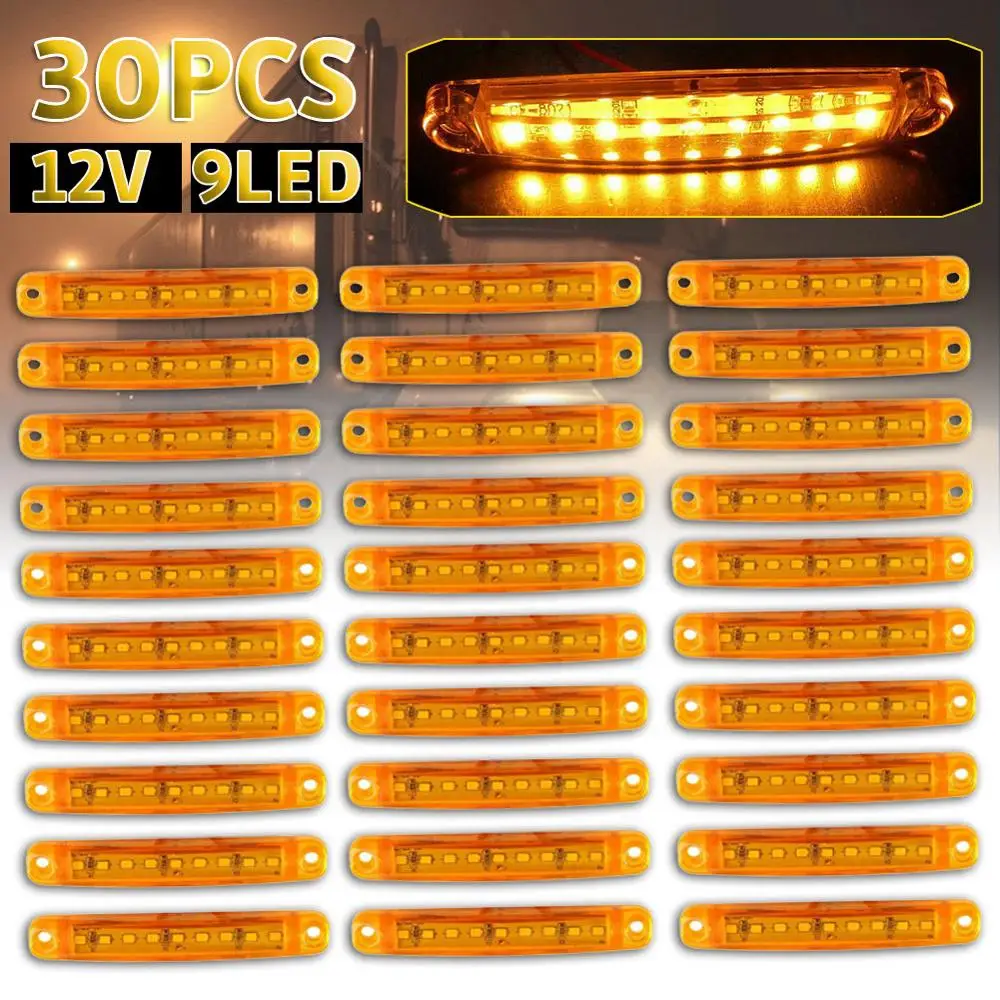 

30PCS Amber 9LED Truck Trailer Lorry Sealed Trailer Side Marker Clearance Light Car Truck 12V LED Side Markers Indicator Lights