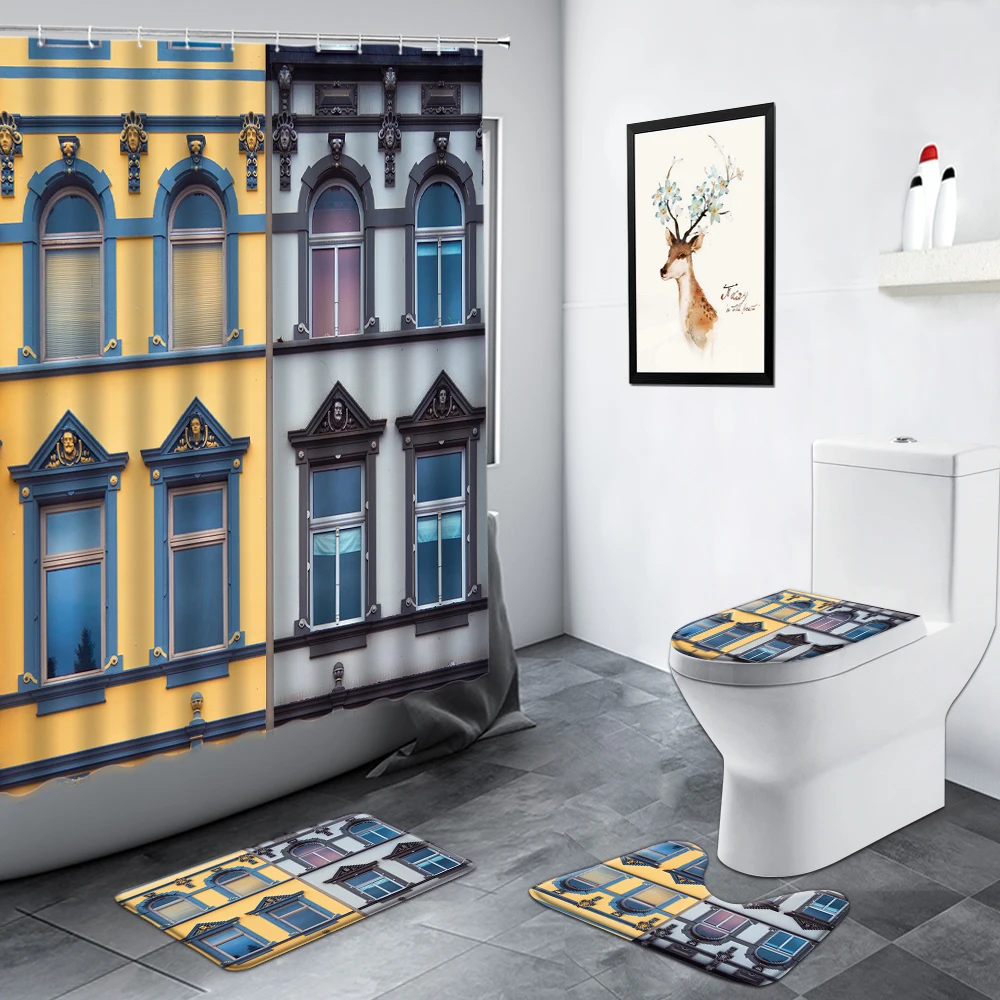 

Retro Door Window Shower Curtain Yellow Gray Vintage Building Brick Wall Home Decor Bathroom Rug Non-slip Toilet Cover Bath Mat