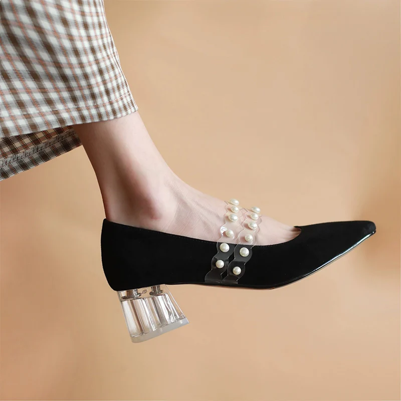 2021 женские туфли лодочки на прозрачной женская обувь каблуках замшевые с острым