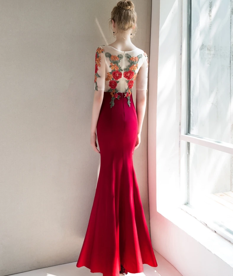 Женское вечернее платье-русалка элегантное темно-Красное Кружевное длинное