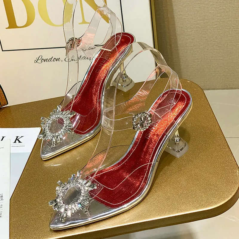 Женские босоножки с кристаллами летние прозрачные туфли на высоком каблуке