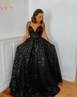 black long formal party women evening dresses 2020 sexy v neck spaghetti straps prom gowns sequined vestido de fiesta de noche