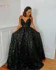 Черные длинные вечерние платья для вечеринок, 2020, сексуальные платья на бретелях-спагетти с V-образным вырезом, с блестками