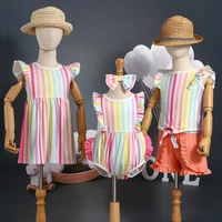 summer rainbow stripes baby sister clothes family matching clothing girl dress toddler rompers and tops shorts set for sister
