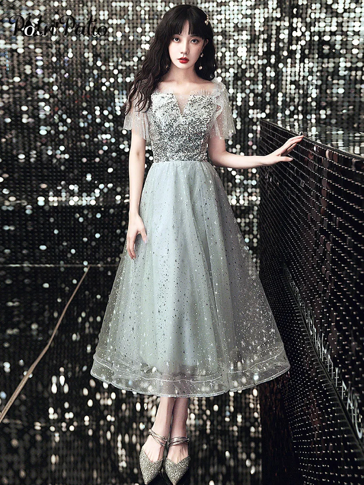 

Gray Sparkly Prom Gowns For Homecoming Party Elegant Boat Neck With Short Cap Sleeves Tea-length Long Women Evening Dresses 2020
