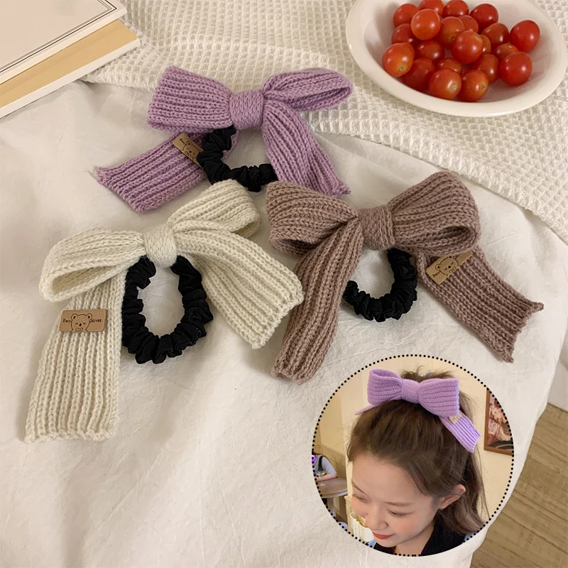 

Wool Knitted Fabric Bow Hair Scrunchies Elastic Rubber Band Sweet Girl Princess Ponytail Holder Headwear Cute Hair Accessories