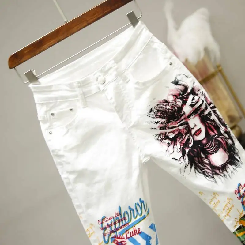 Women White Skinny Denim Pants Cartoon Graffiti Print Stretched Jeans Autumn Slim Body Pencil Jeans Ladies Jeans Y77 images - 6