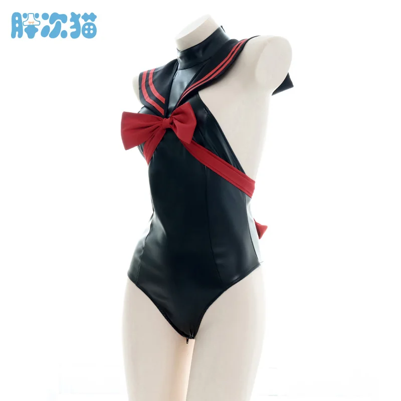 Sexy Lolita Vintage PU Leather Sailor Collar JK Sukumizu Bodysuit Black Private Room Pajamas With Zipper School Uniform Set