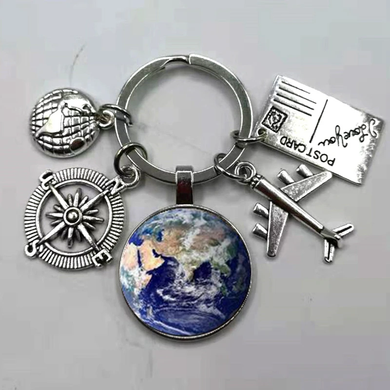 Silver Мир самолет карта брелок для путешествий открытие открыть для себя стеклянный купол Cabachon самолет карта брелок с подвесками для ключей подарок - Цвет: Silver