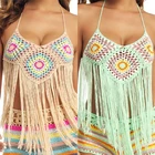 Женское вязаное крючком бикини с кисточками, облегающее бикини, топ, купальник, топы, богемный купальник, сексуальное вязаное крючком бикини ручной работы, хлопковый топ