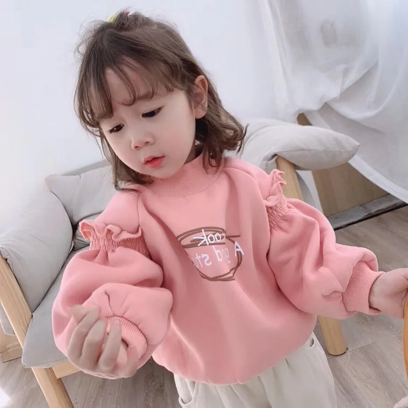

Girls Winter Long-Sleeved Sweater 2020 New Korean Lace Plus Fleece Top Japan And Korean All-Match Round Neck Thick Kids Clothes